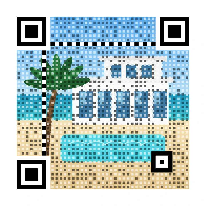 After: artistic QR code made from a white beach villa with a pool and a palm tree, linking to https://example.com/villa