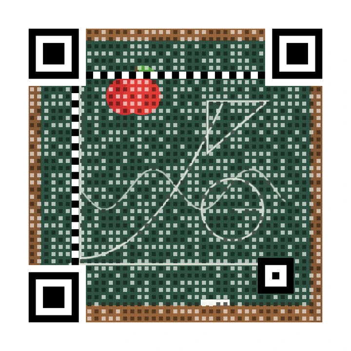 After: artistic QR code made from a green chalkboard with maths drawings and a red apple, linking to https://example.com/homework