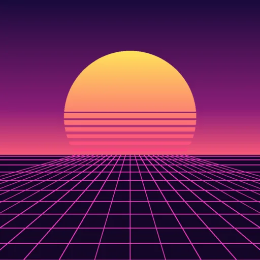 Before: a striped retro sunset over a neon grid