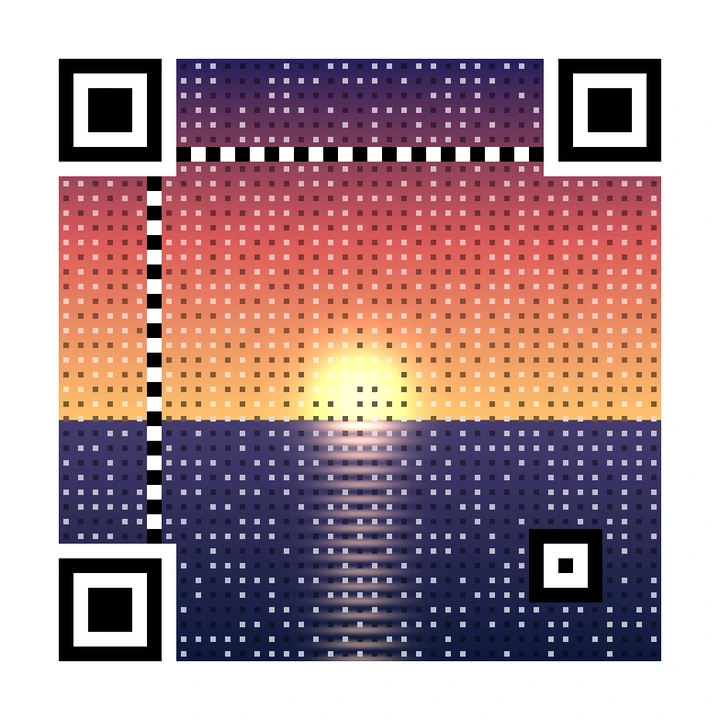 After: artistic QR code made from a sunset over the sea, linking to https://example.com/tickets